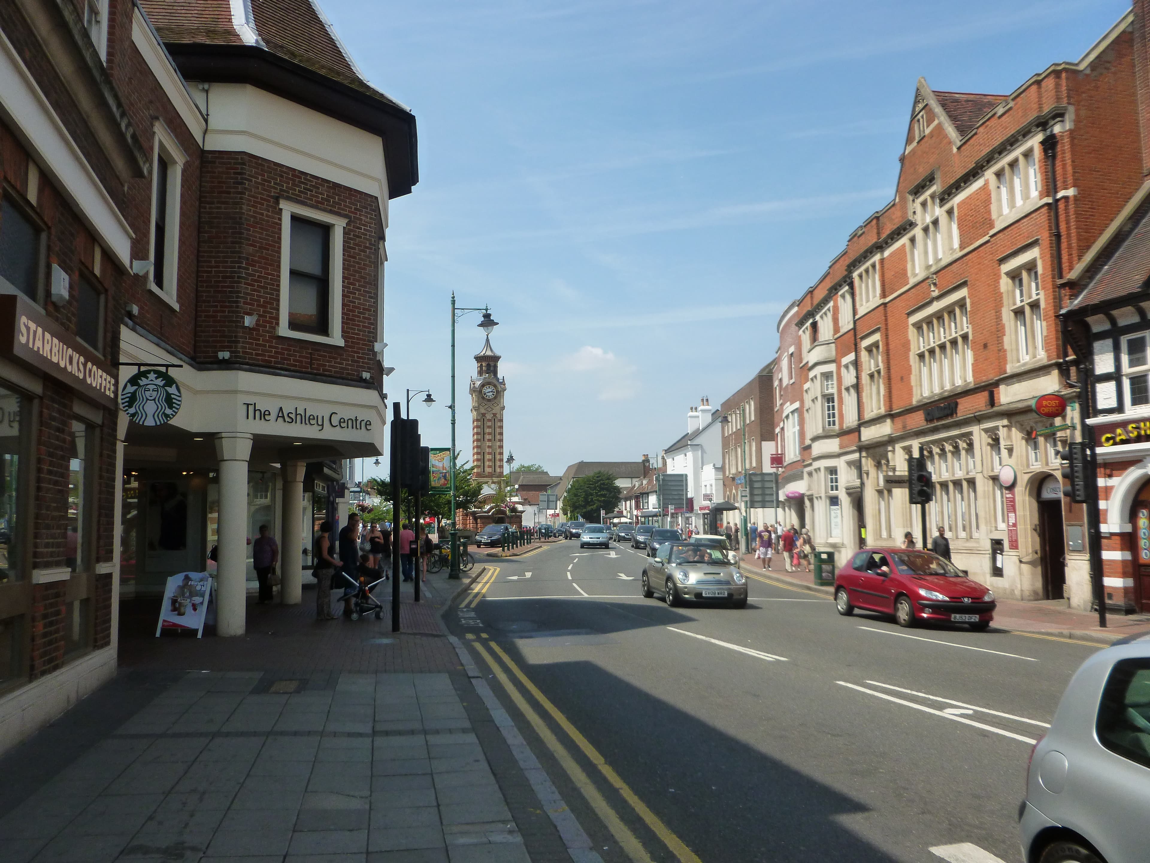 Epsom High Street showing the Ashley Centre shopping centre and Clock Tower